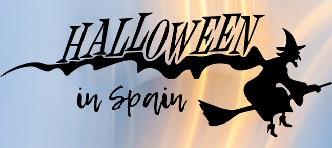 Title Halloween in Spain with a witch on a broomstick