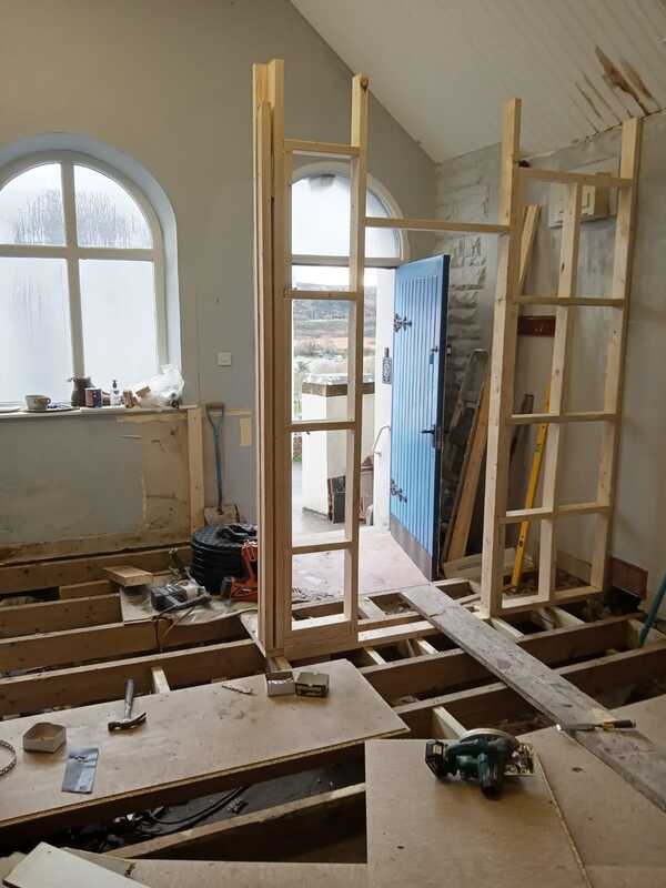 Inside the Vestry with frame for stud wall